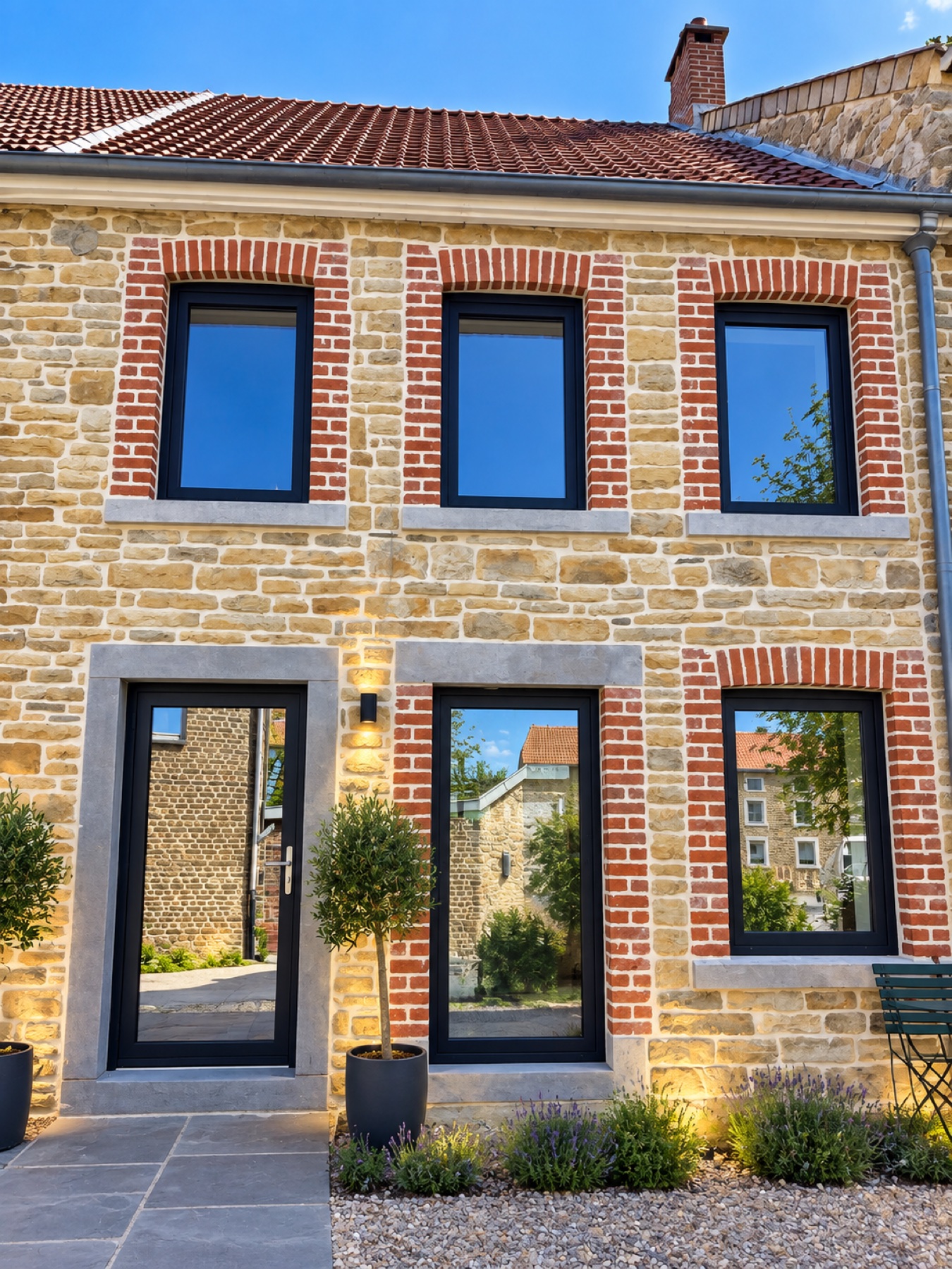Façade en pierre restaurée par SB Façade — rejointoyage et encadrements en brique